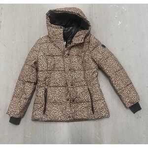Michael Kors Women's Leopard Print Quilted Puffer Jacket Coat Brown Size Small